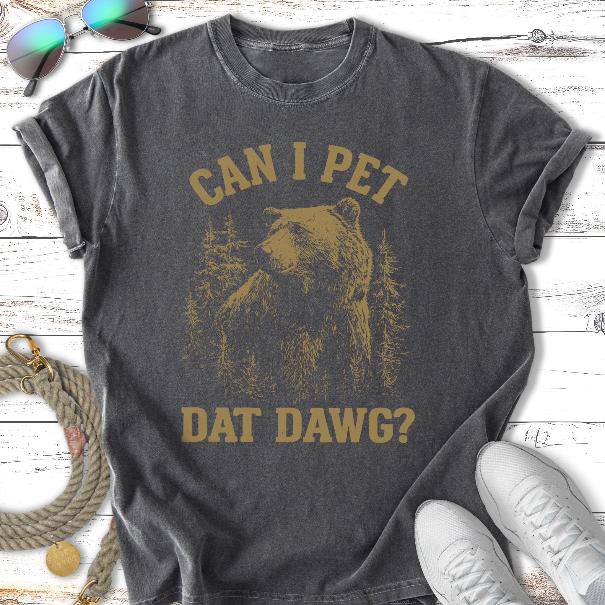 T-shirt with distressed bear and text "Can I Pet Dat Dawg?"