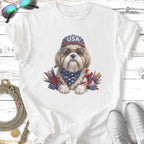 Shih Tzu dog wearing sunglasses and a bandana, with "USA" on cap.