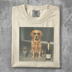 Golden retriever wearing sunglasses sits by champagne and glass.