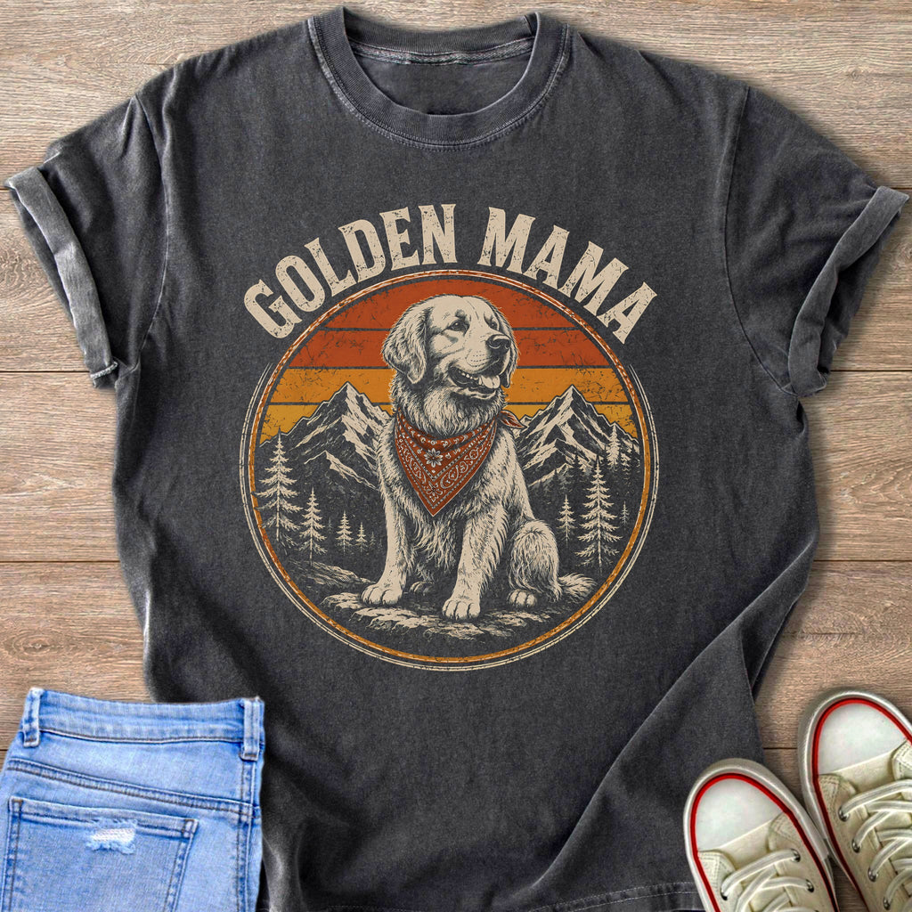 Graphic tee with retro design of a golden retriever wearing a bandana, sunset and mountains.