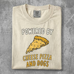 Cream t-shirt with "POWERED BY CHEESE PIZZA AND DOGS" and pizza slice graphic.