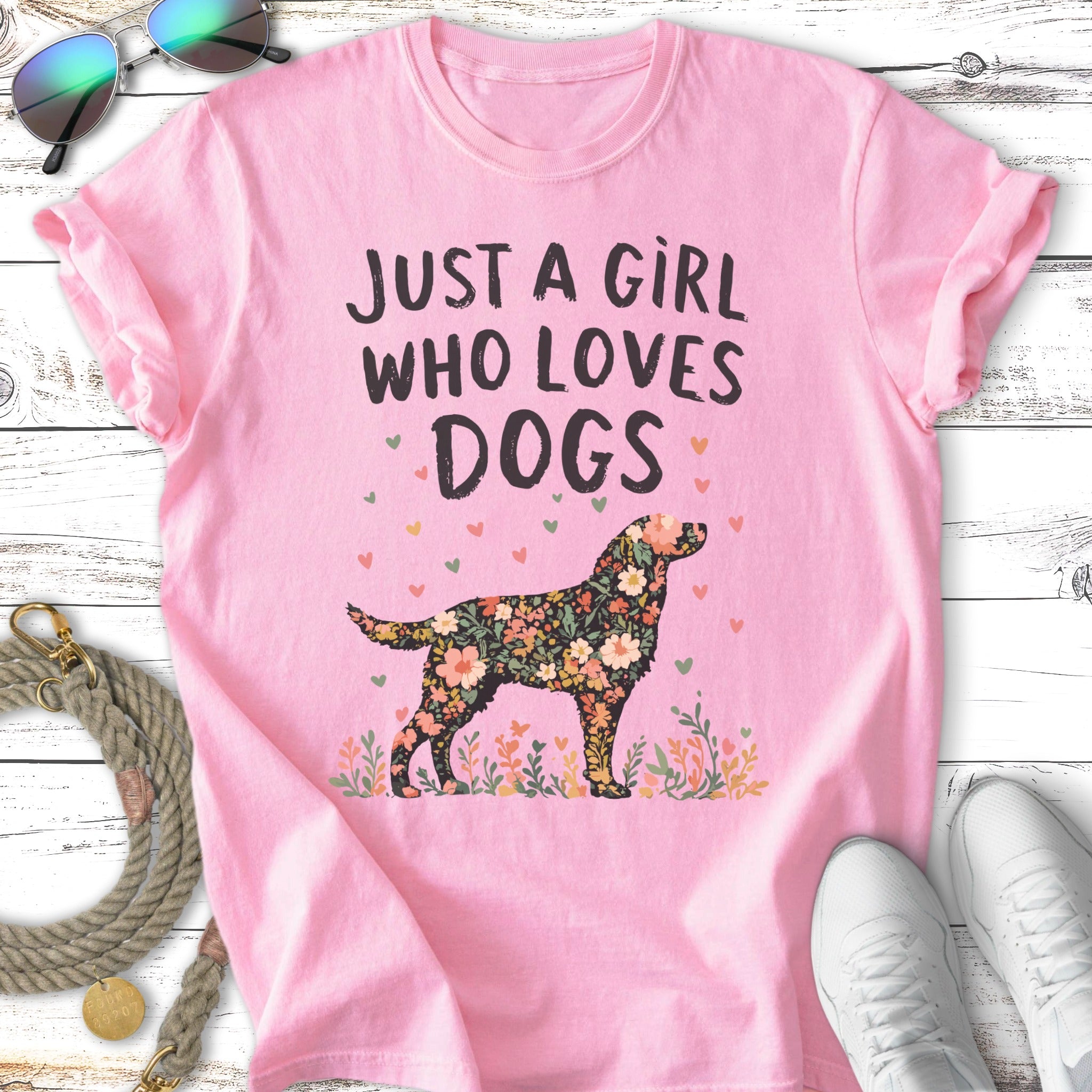 Pink t-shirt with "JUST A GIRL WHO LOVES DOGS" and a floral dog illustration.