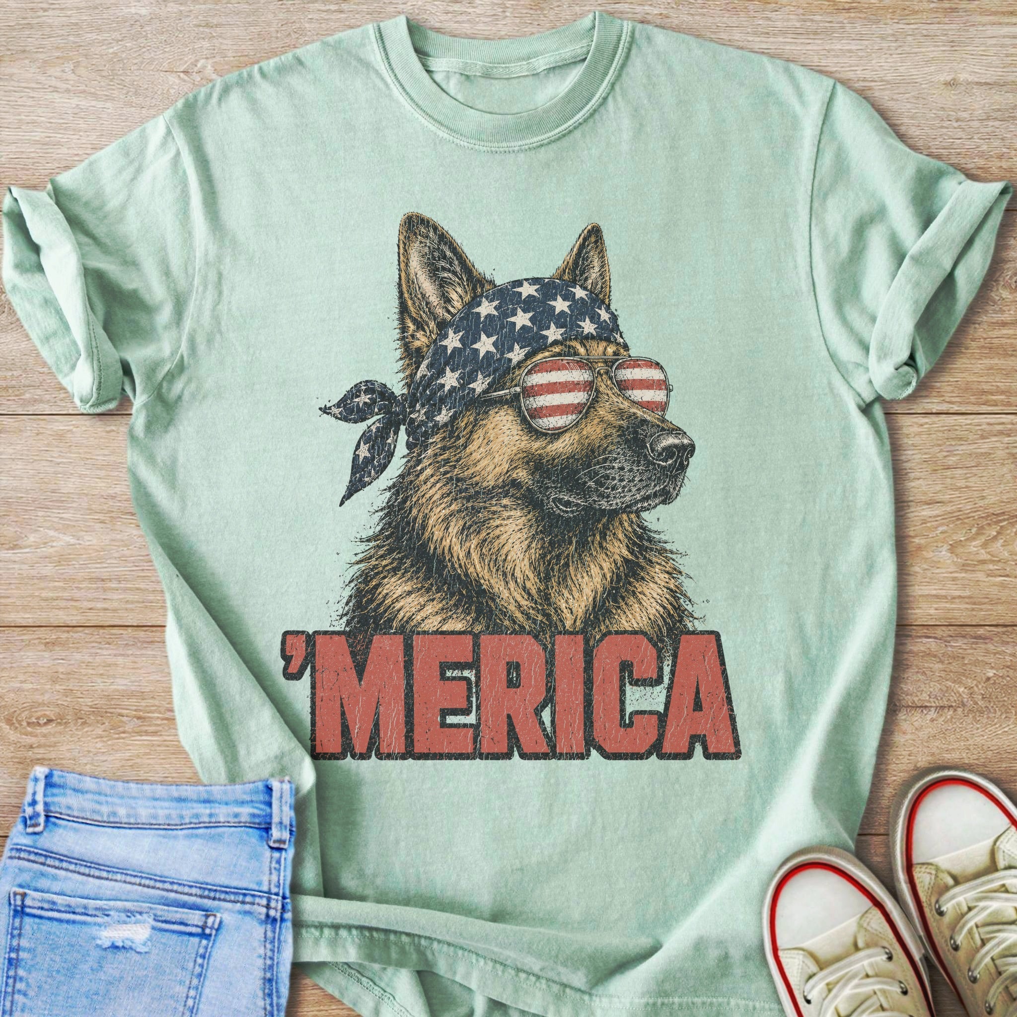 German Shepherd with American flag bandana and sunglasses, text says "MERICA".