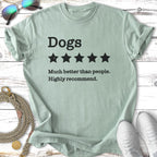 Light green t-shirt with "Dogs ★★★★ Much better than people. Highly recommend." text.