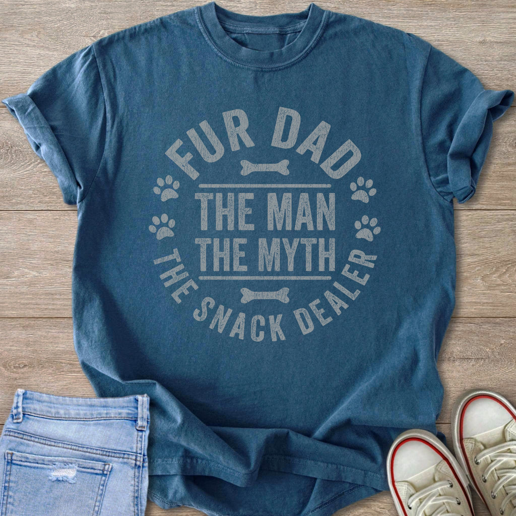 Blue t-shirt with "Fur Dad The Man The Myth The Snack Dealer" text and paw prints.