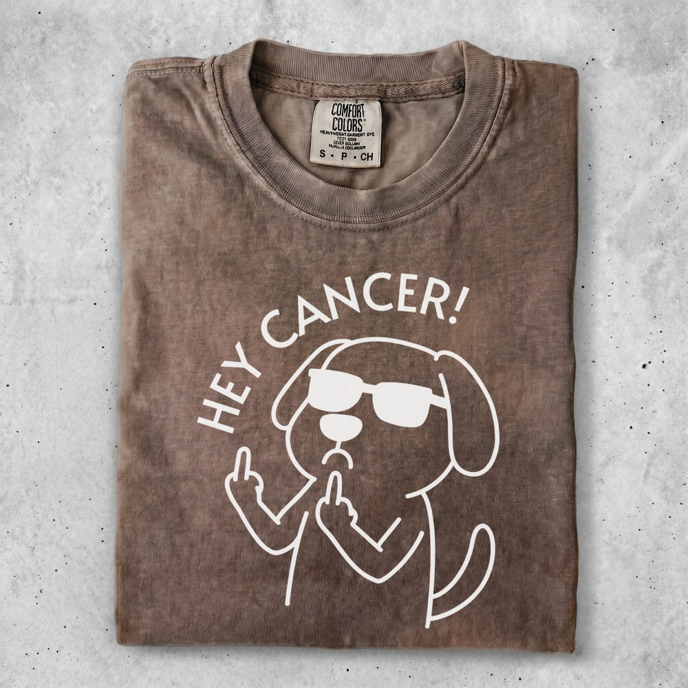 Brown t-shirt with a cartoon dog wearing sunglasses giving the middle finger and saying "Hey Cancer!"