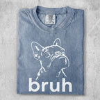 Blue t-shirt with a white French Bulldog outline and the word "bruh".