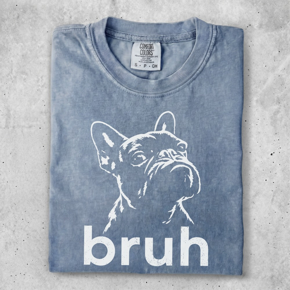Blue t-shirt with a white French Bulldog outline and the word "bruh".