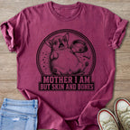 Maroon t-shirt with distressed dog graphic and text "MOTHER I AM BUT SKIN AND BONES."