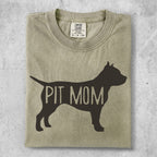 Tan t-shirt with "PIT MOM" text and a pit bull silhouette.