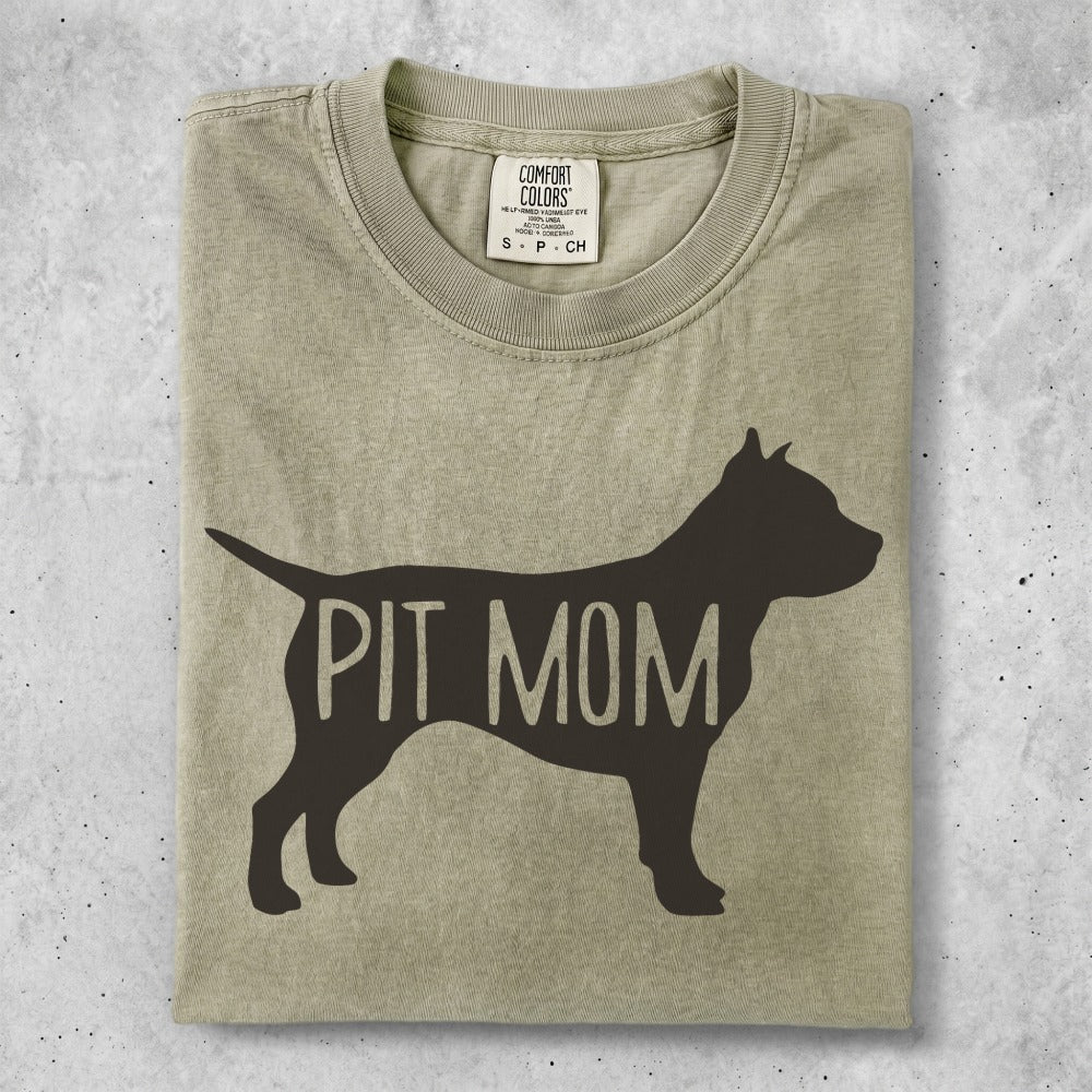 Tan t-shirt with "PIT MOM" text and a pit bull silhouette.