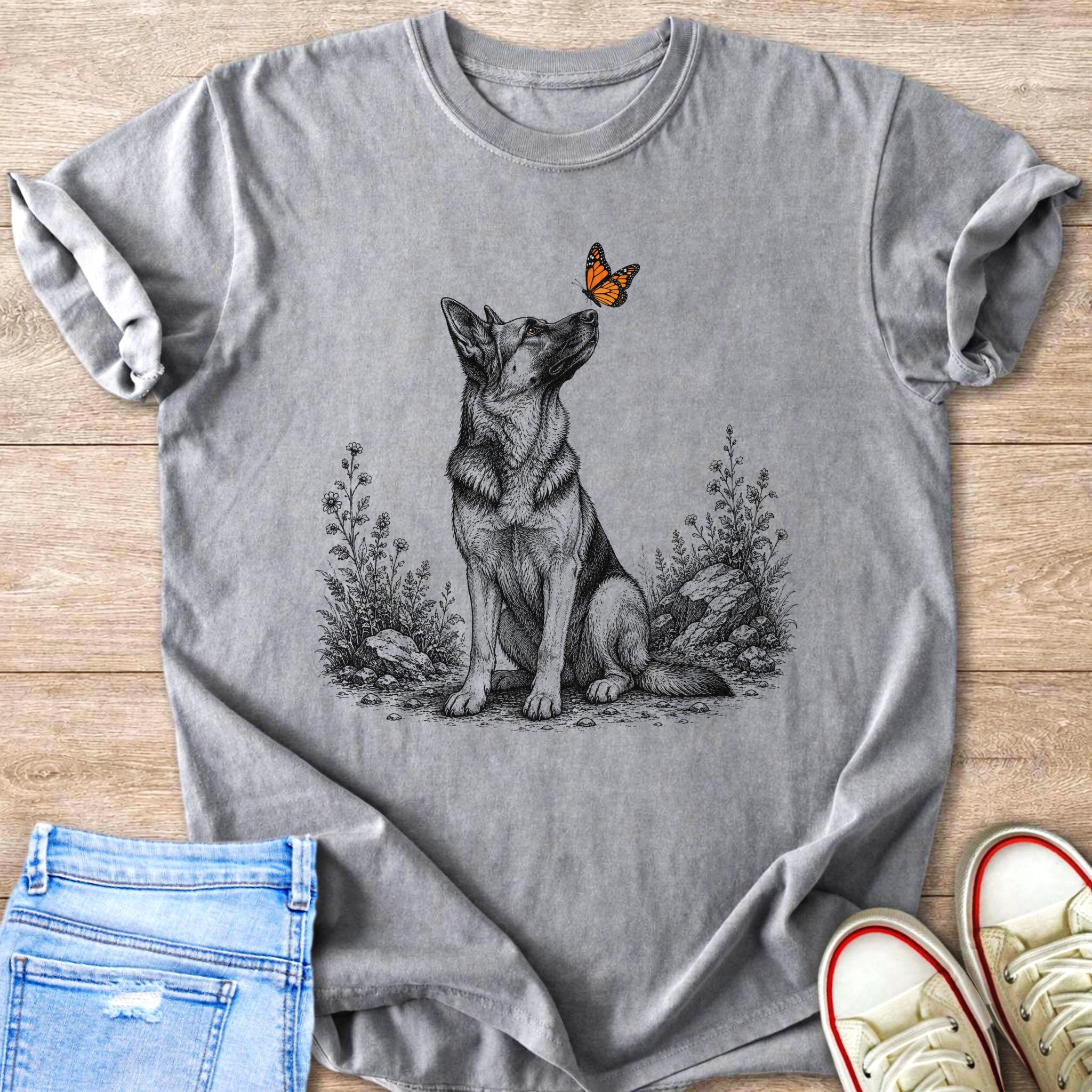German Shepherd sitting with butterfly on nose, surrounded by sketched flowers and rocks.