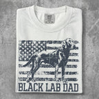 White t-shirt with distressed black lab silhouette on American flag, "BLACK LAB DAD".