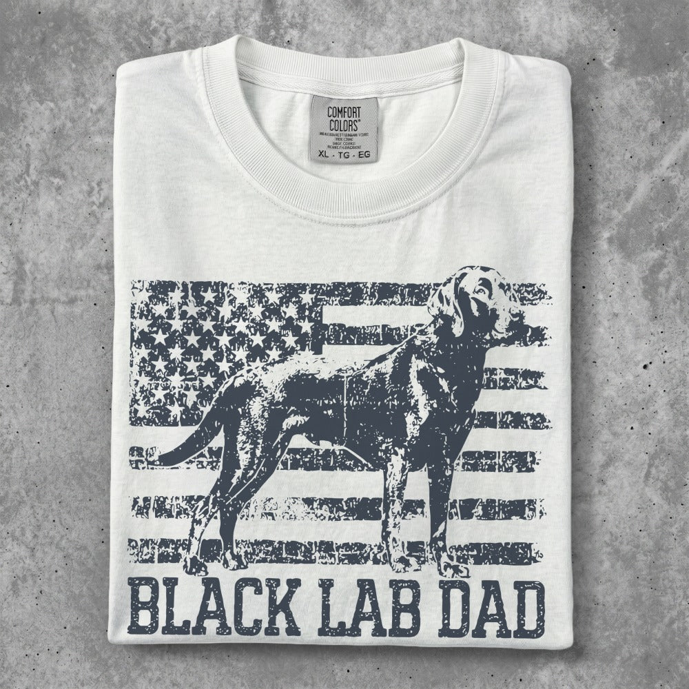 White t-shirt with distressed black lab silhouette on American flag, "BLACK LAB DAD".