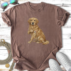 Golden retriever with "I ❤️ MOM" tattoo on t-shirt.