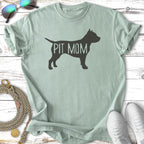 Sage t-shirt with black "PIT MOM" pit bull silhouette design.