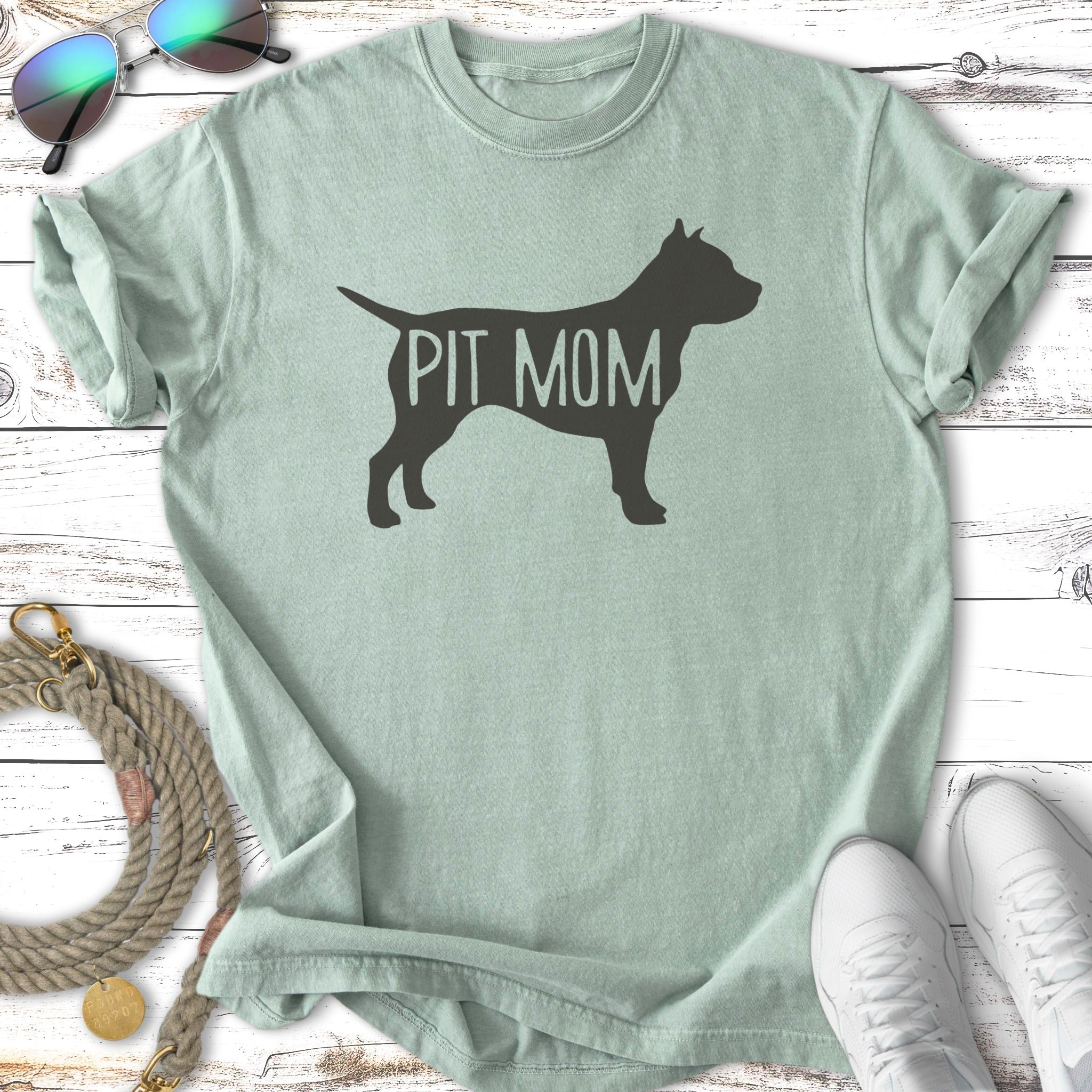 Sage t-shirt with black "PIT MOM" pit bull silhouette design.