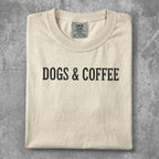 Cream t-shirt with "DOGS & COFFEE" text in black.