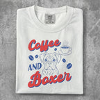 White t-shirt with "Coffee and Boxer" text and a boxer dog illustration.