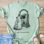 Pug looking in mirror with text "I am beautiful."