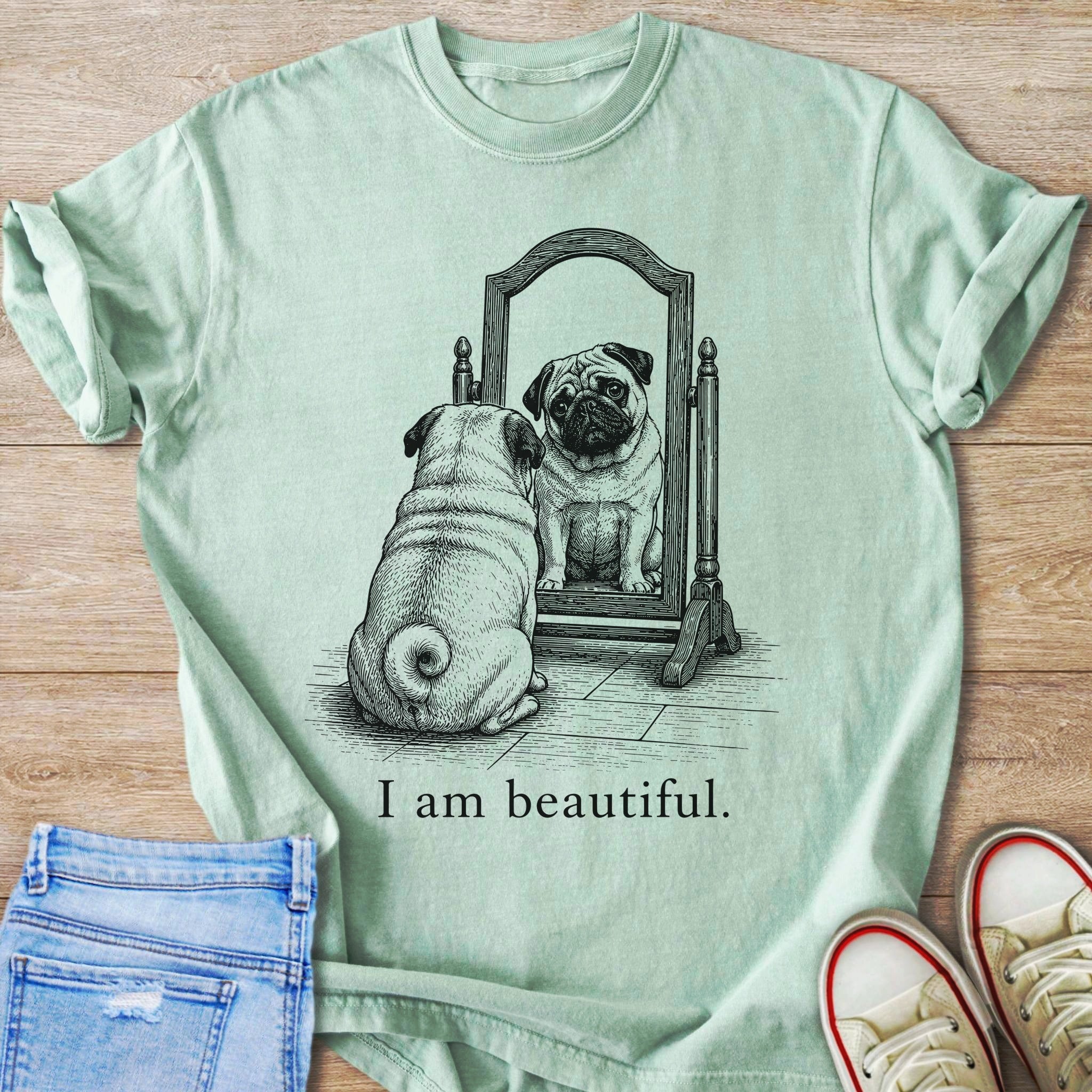 Pug looking in mirror with text "I am beautiful."