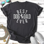 Charcoal t-shirt with "BEST DOG DAD EVER" text, with accessories.