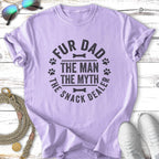 Purple t-shirt with "Fur Dad The Man The Myth The Snack Dealer" text and paw prints.