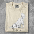 Cream t-shirt with a white dog stretching and "Big Stretch" text.