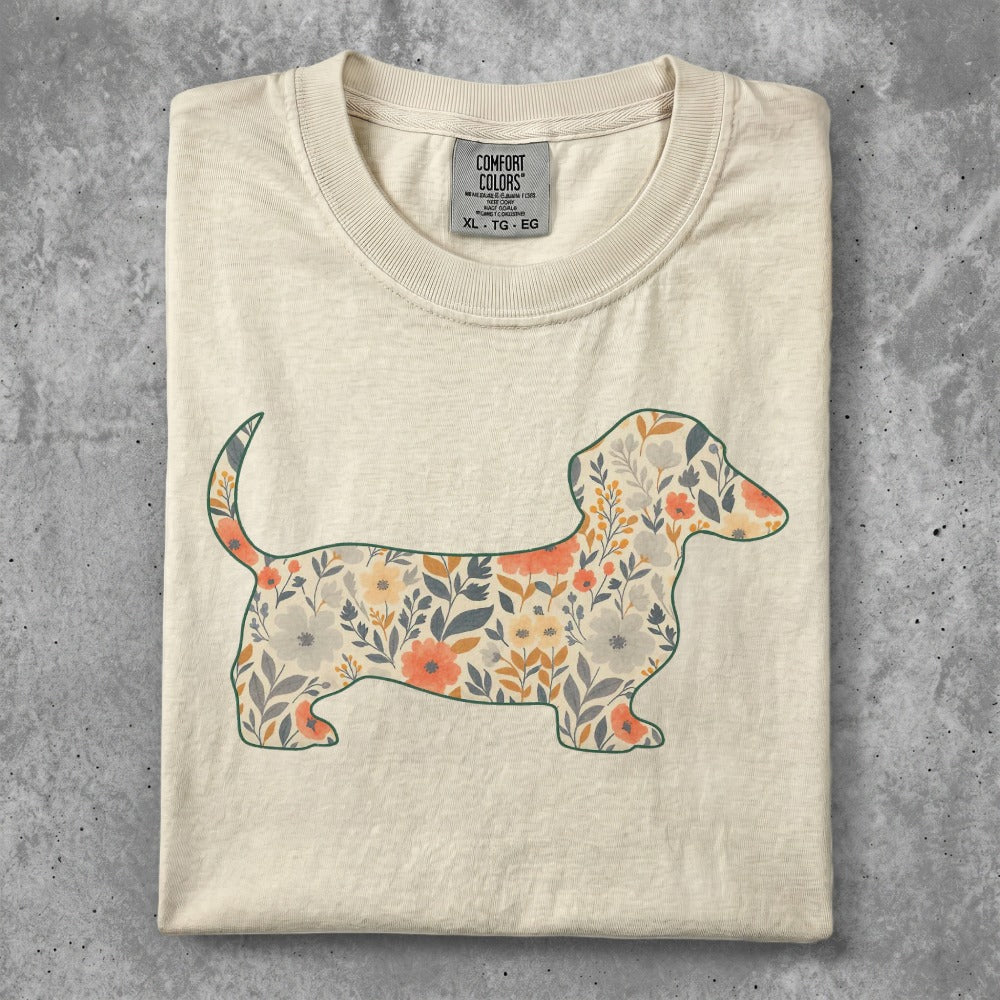 Cream t-shirt with a floral dachshund silhouette design.