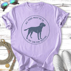 Lavender t-shirt with a dog silhouette and "All food must go to the lab for testing" text.