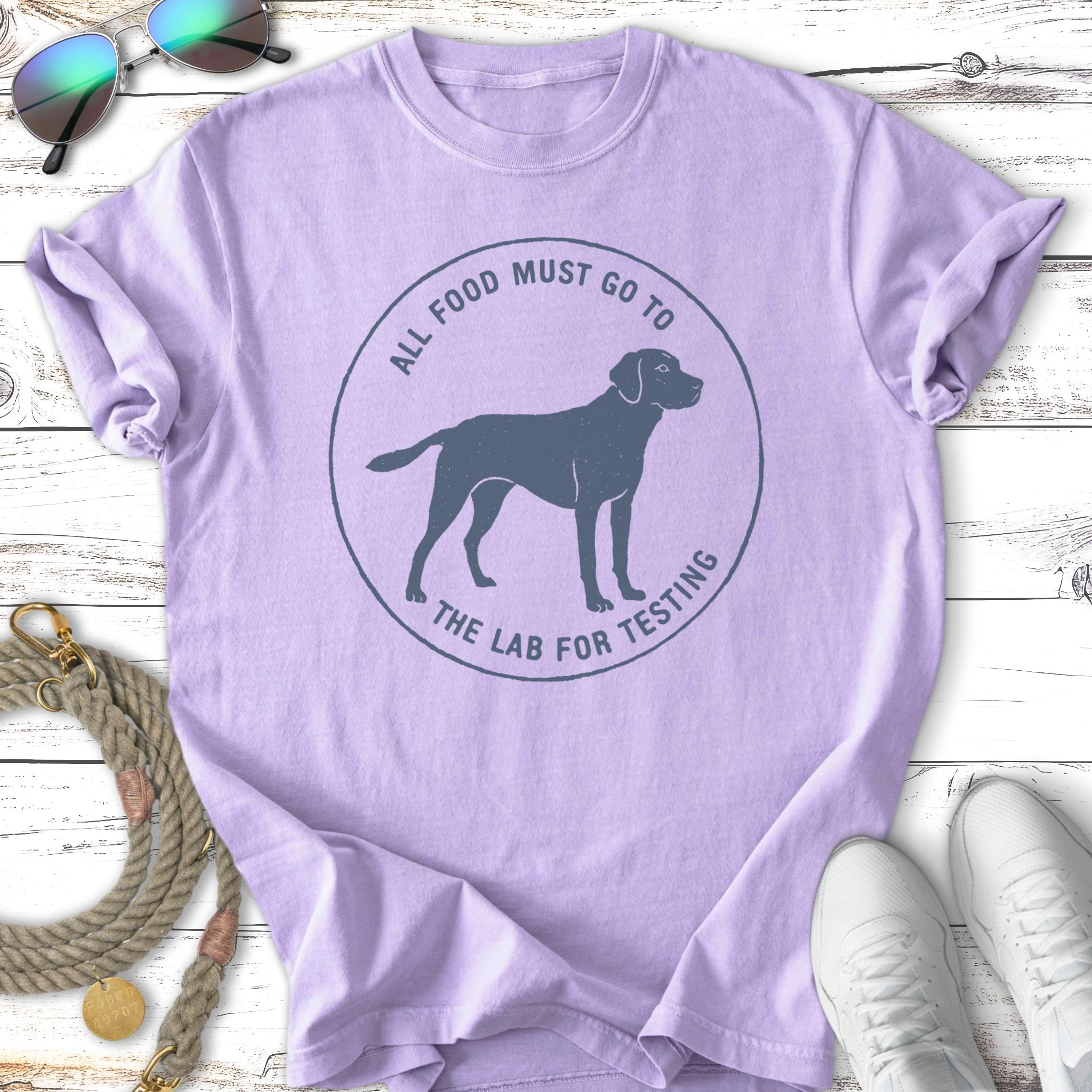Lavender t-shirt with a dog silhouette and "All food must go to the lab for testing" text.