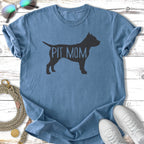 Blue t-shirt with "PIT MOM" in black silhouette of a dog.