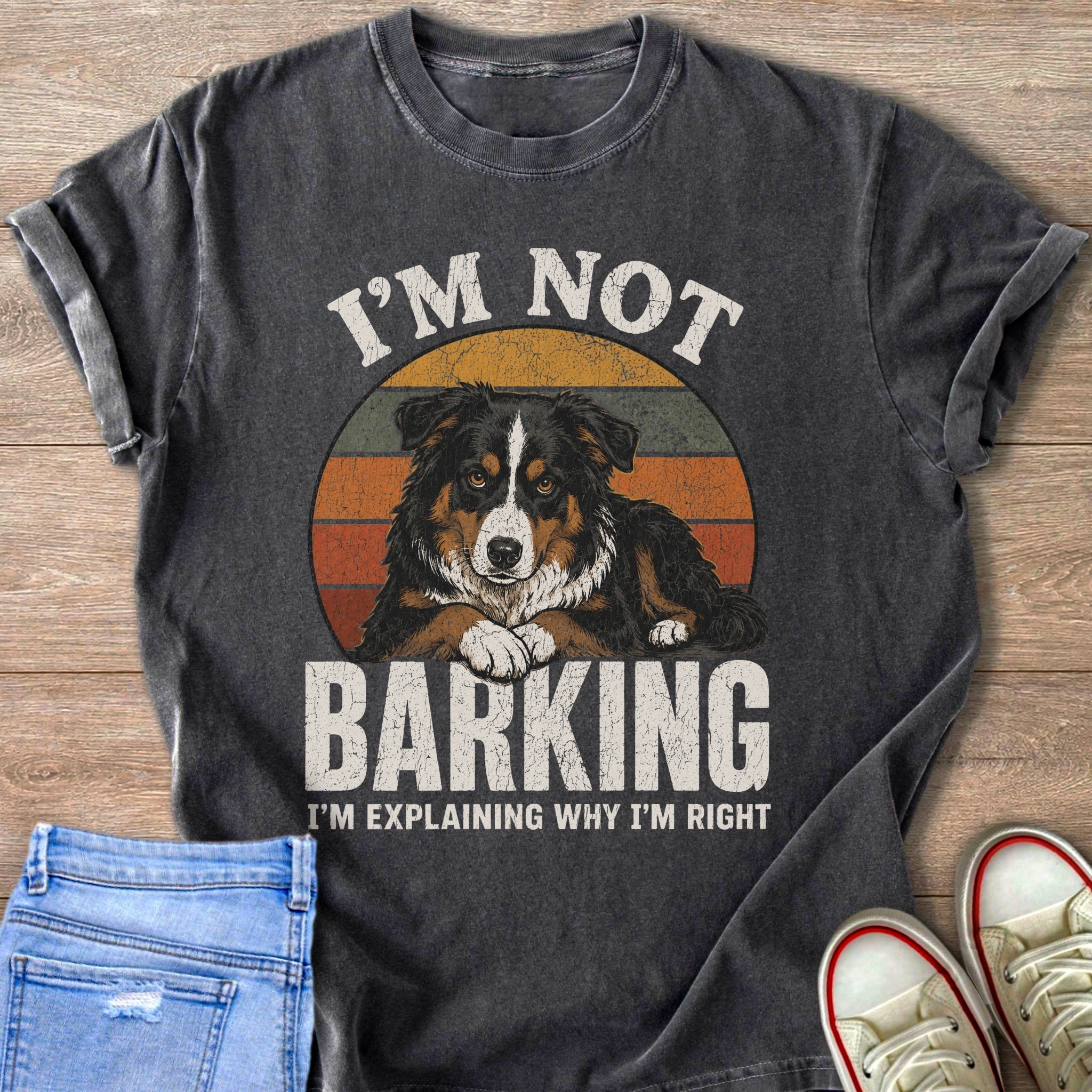 T-shirt with a dog graphic and the text "I'M NOT BARKING I'M EXPLAINING WHY I'M RIGHT".
