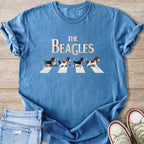 Blue t-shirt with "The Beagles" text and four beagles crossing Abbey Road.