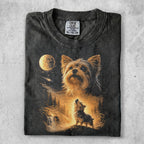 Yorkshire terrier howling at moon in forest scene t-shirt.