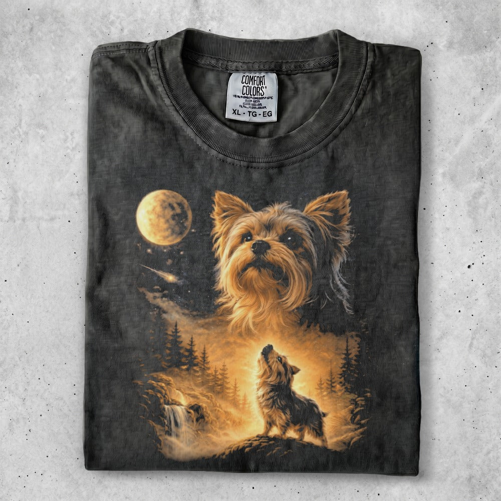 Yorkshire terrier howling at moon in forest scene t-shirt.