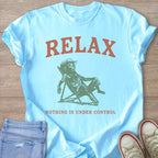 Light blue t-shirt with "RELAX" and skeleton in a lounge chair.
