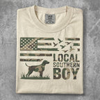 T-shirt with camouflage American flag, dog, flying birds, and "Local Southern Boy" text.