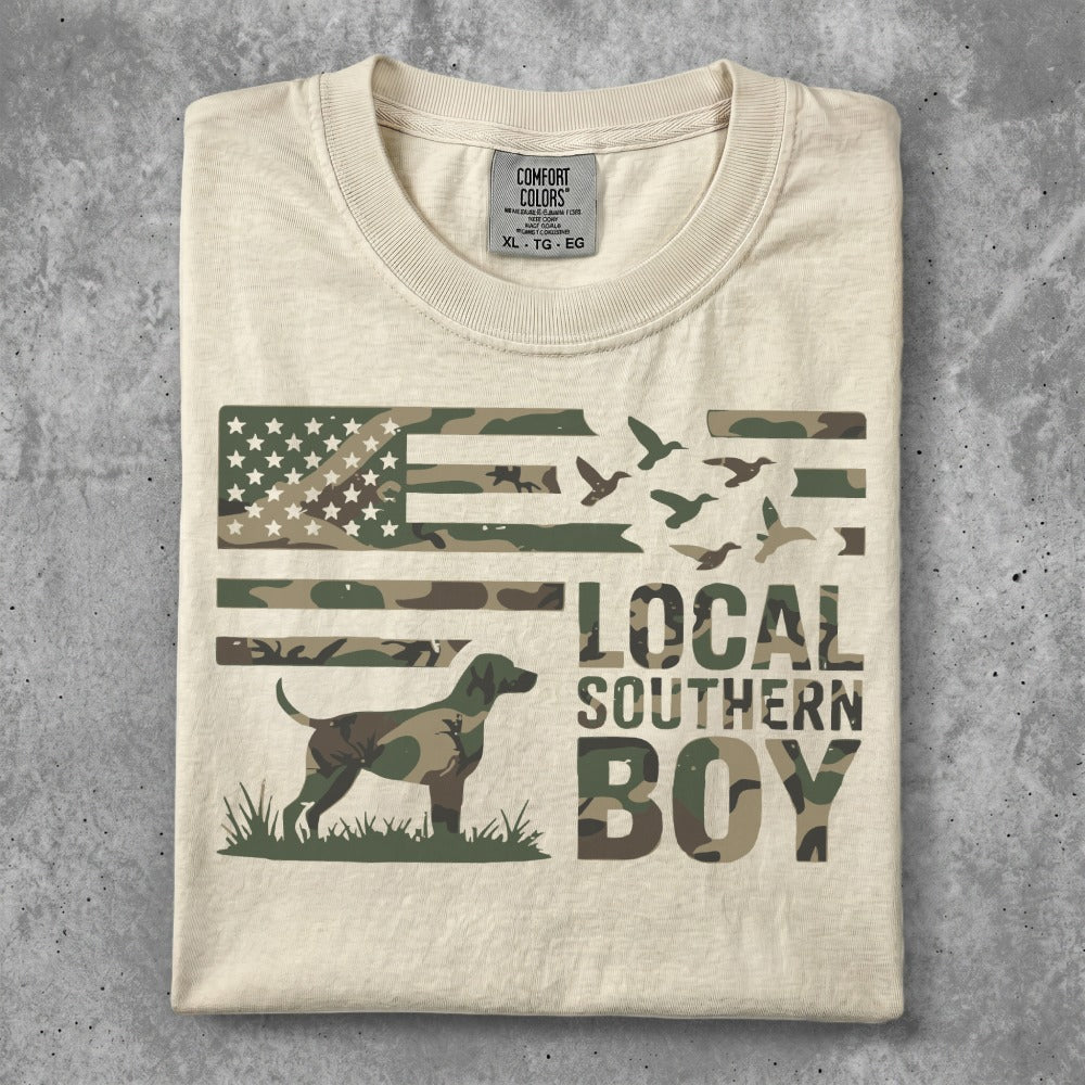 T-shirt with camouflage American flag, dog, flying birds, and "Local Southern Boy" text.