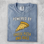 Blue t-shirt with "POWERED BY CHEESE AND DOGS" and pizza graphic.