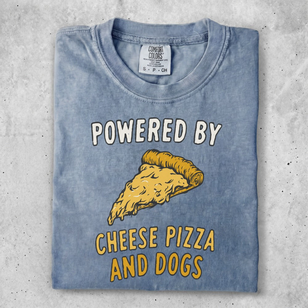 Blue t-shirt with "POWERED BY CHEESE AND DOGS" and pizza graphic.