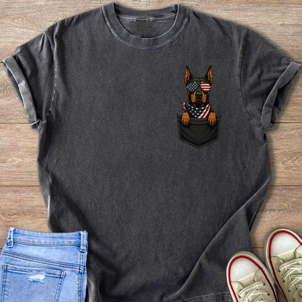 Charcoal t-shirt with a dog wearing American flag sunglasses and bandana in a pocket.