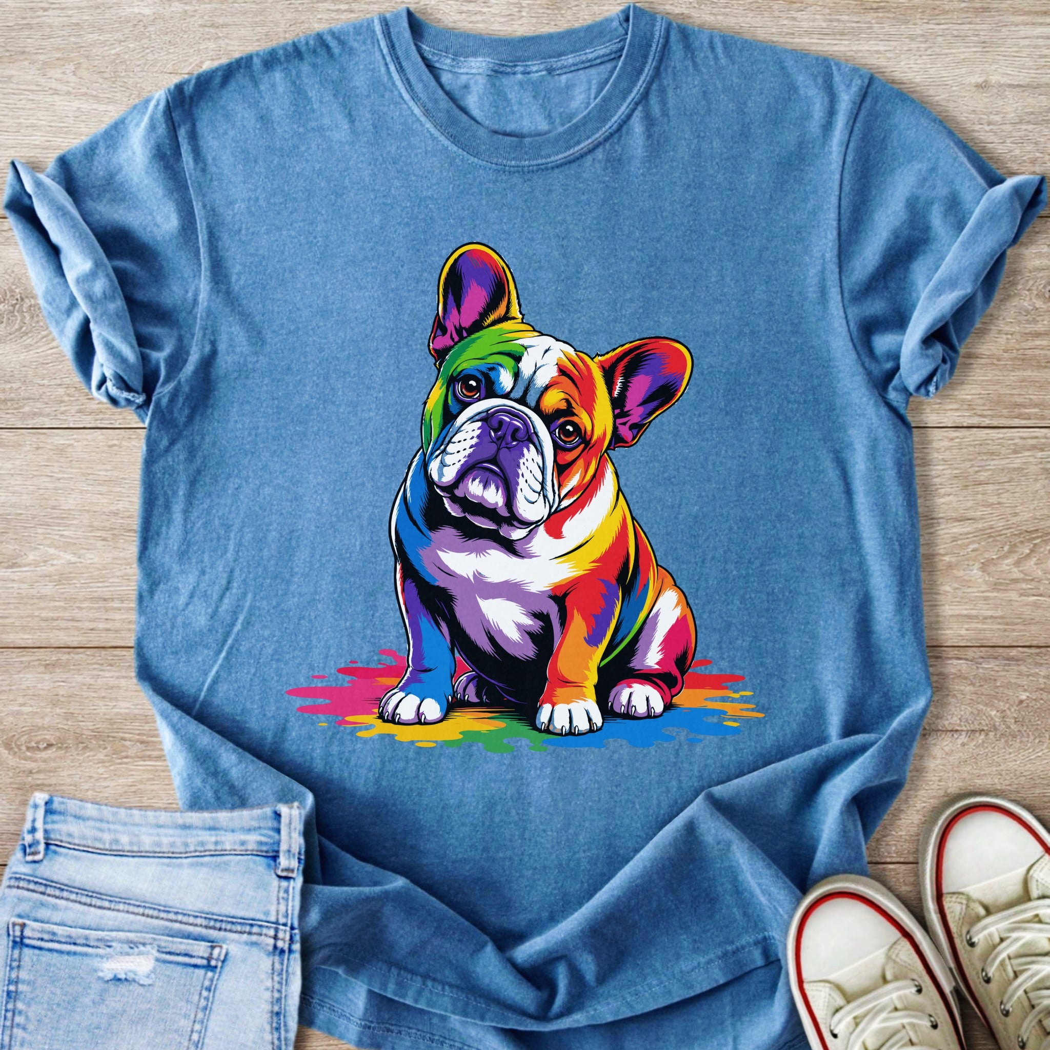 French bulldog with rainbow colors sits on a blue t-shirt with splattered paint.