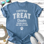 Blue t-shirt with "Certified Treat Dealer" and paw print.