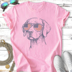 Line drawing of a dog wearing sunglasses with an American flag design.