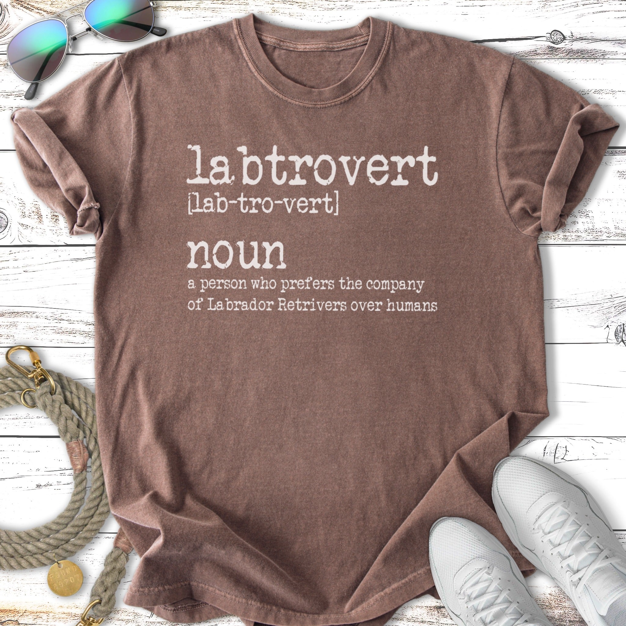 Brown t-shirt with "labtrovert noun" text and Labrador Retriever definition.