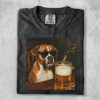Boxer dog wearing sunglasses pours beer into mug.