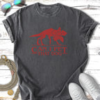 Dark gray t-shirt with a red graphic reading "Can I Pet That Dog" and a creature silhouette.