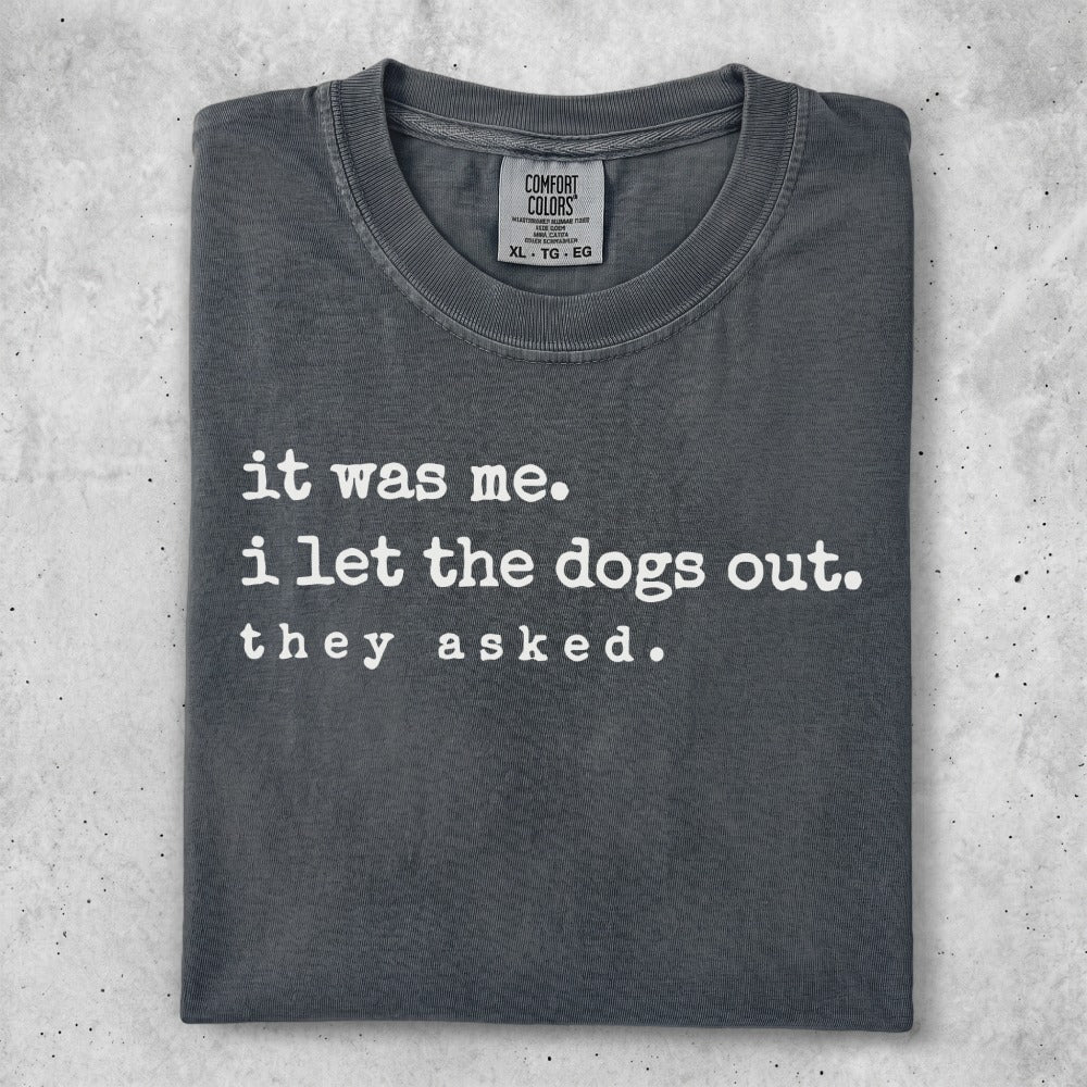 Dark gray Comfort Colors t-shirt with text "it was me. i let the dogs out. they asked."