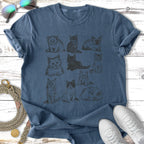 T-shirt with a grid of nine different kitten illustrations in black.